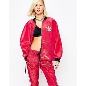 adidas Pink Satin Varsity Jacket with Black Trim